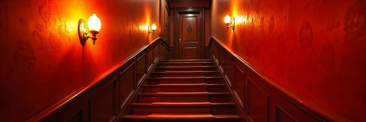 trap met deur en rode muren